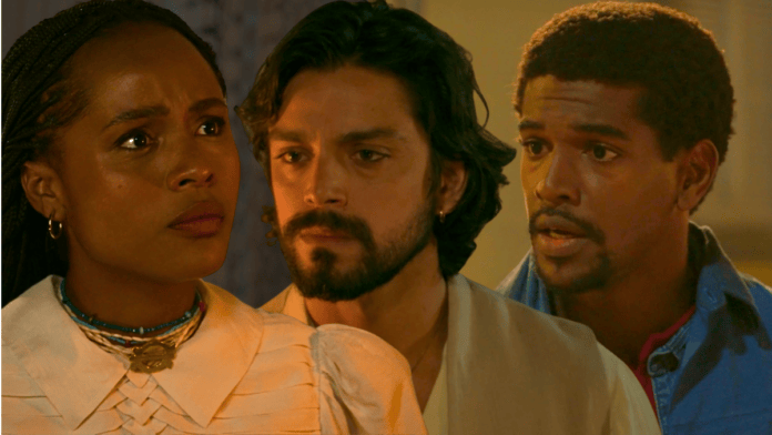 Alika (Duda Santos), Omar (Rodrigo Simas) e Tonho (Ronald Sotto) em cena de A Nobreza do Amor, novela das seis da TV Globo