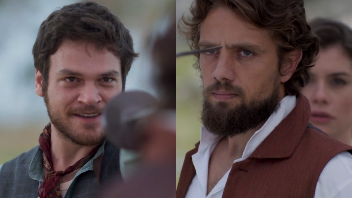 Pedro (Emilio Dantas), Felipe (Rafael Cardoso) e Livia (Alinne Moraes) em cena de Além do Tempo