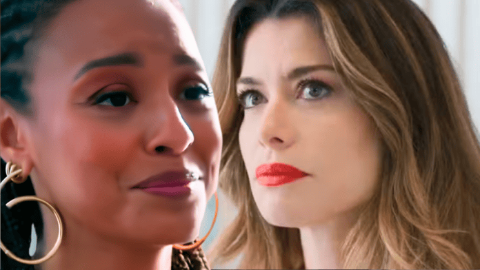 Bela (Sheron Menezzes) e Vanessa (Alinee Moraes) em cena de Por Você, novela das sete da Globo