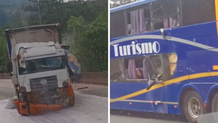 Acidente entre ônibus e caminhão bloqueia BR-376, rodovia que liga SC e PR