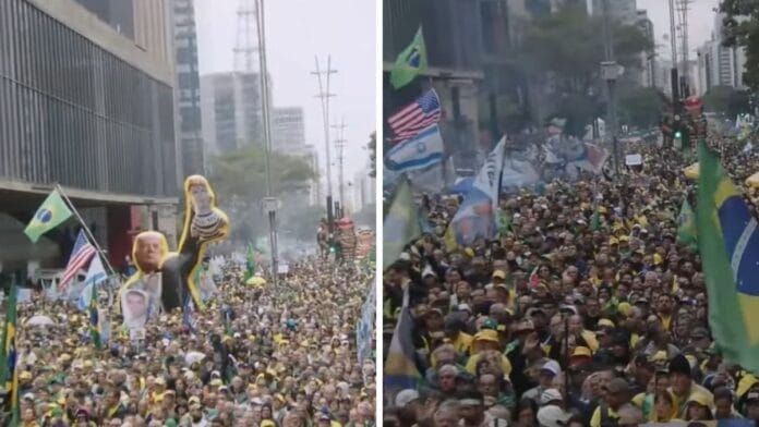 Manifestação bolsonarista teve boneco inflável de Trump segurando figura que representaria Lula e bandeiras dos EUA (Foto: Instagram, Reprodução)