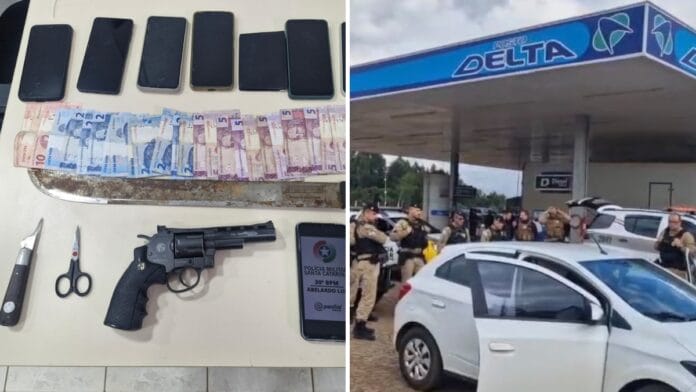 Mesa com os itens roupados e foto dos policiais no posto delta