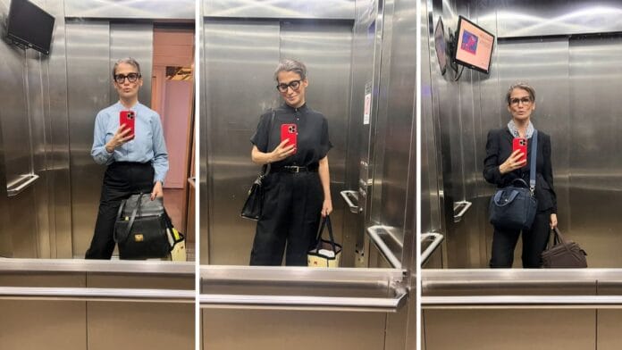 três fotos da jornalista Renata Vasconcellos, de cabelo castanho e óculos de armação escura, com roupas formais