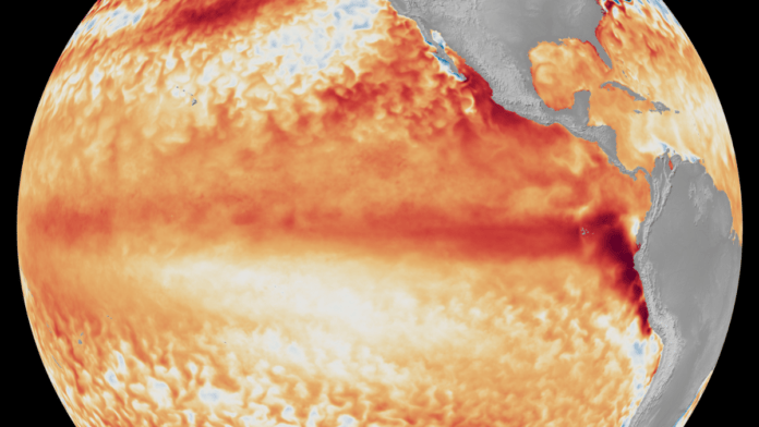 Diferença de temperaturas no El Niño em relação à média das temperaturas da superfície do mar na linha do equador, no Oceano Pacífico tropical, em junho de 2026