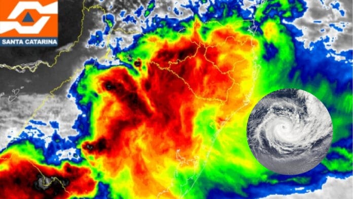 Imagens de satélite mostram mancha vermelha engolindo sul do Brasil em meio a alerta para tempestades e chegada de ciclone extratropical