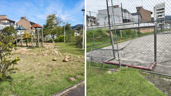 Praça em Blumenau tem brinquedos quebrados, quadras sem manutenção e pontos de risco, alertam moradores
