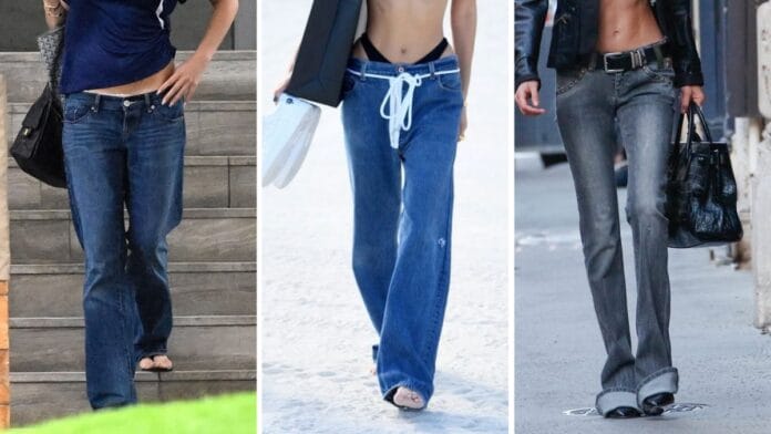três modelos de calça cintura baixa