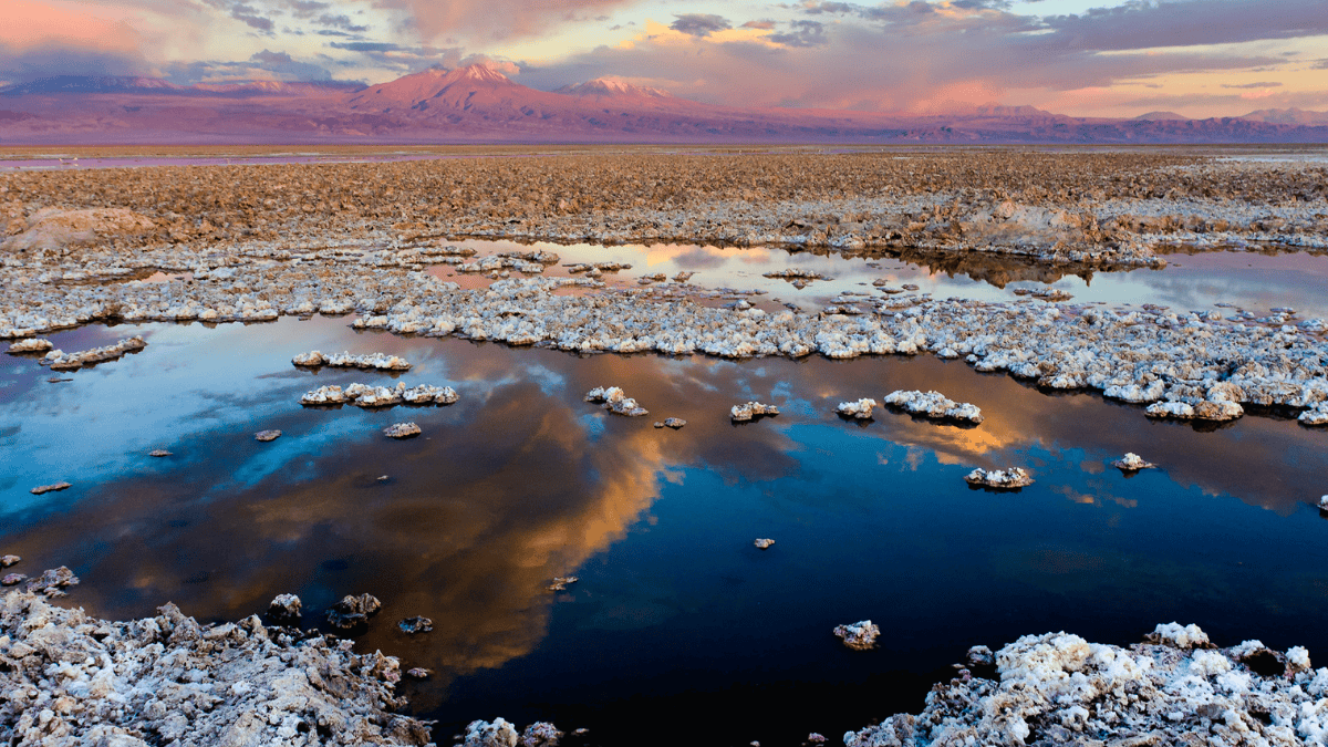 A imensa planície de sal é interrompida por lagoas e áreas úmidas que sustentam vida em pleno deserto, com vulcões aparecendo no horizonte (Foto: Francesco Mocellin / Wikimedia Commons)