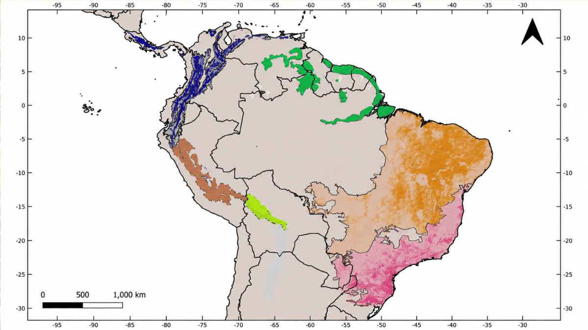 Distribuição dos felinos selvagens do gênero Leopardus pela América Latina, com os tilcayo em verde-neon (Foto: Haplochromis / Wikimedia Commons)