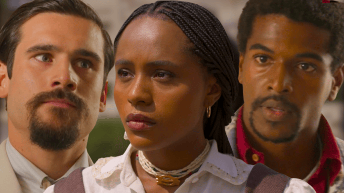 Mirinho (Nicolas Prattes), Alika (Duda Santos) e Tonho (Ronald Sotto) em cena de A Nobreza do Amor, novela das seis da TV Globo