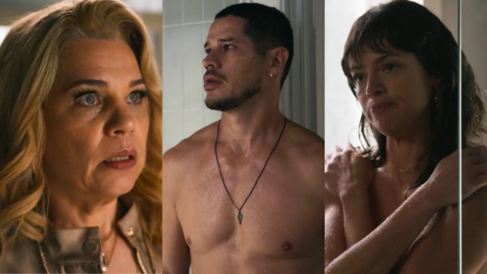 Pilar (Isabel Teixeira), Ingrid (Agatha Moreira) e Iuri (José Loreto) em cena de Quem Ama Cuida novela das nove da TV Globo