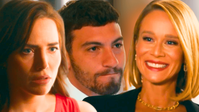 Adriana (Leticia Colin), André (Henrique Barreira) e Dora (Mariana Ximenes) em cena de Quem Ama Cuida, novela das nove da TV Globo