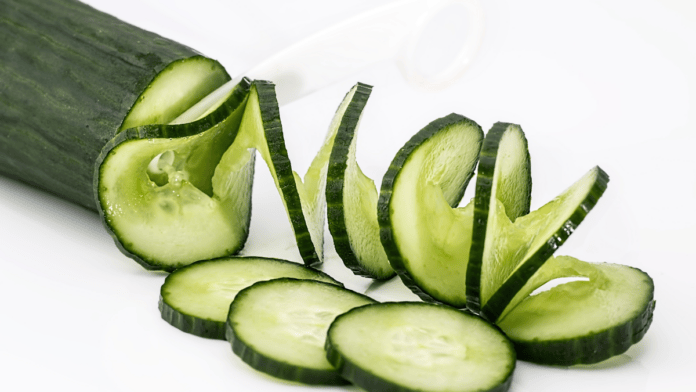 Pepino fresco cortado em rodelas sobre uma superfície branca