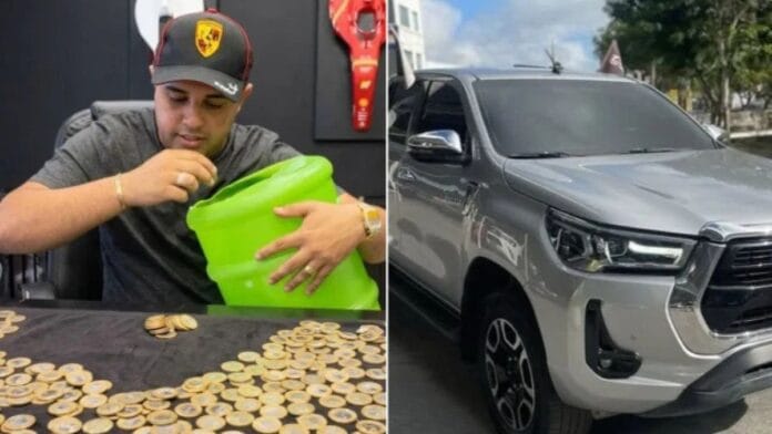 Borracheiro paga parte de Hilux com milhares de moedas de R$ 1 no Ceará; comerciante vende algumas a colecionador