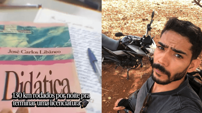 Aos 33 anos, ele encara dupla jornada e roda 130 km de moto para conseguir estudar e realizar o sonho do diploma