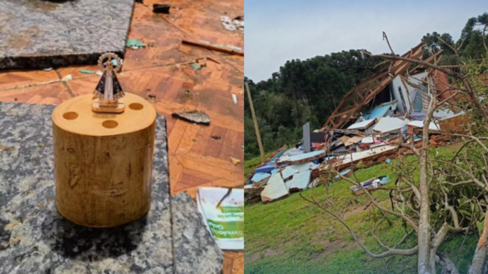 Casal de noivos prestes a subir ao altar encontra imagem de Nossa Senhora intacta entre escombros de casa destruída por vento: “Ela zelou por nossas vidas”
