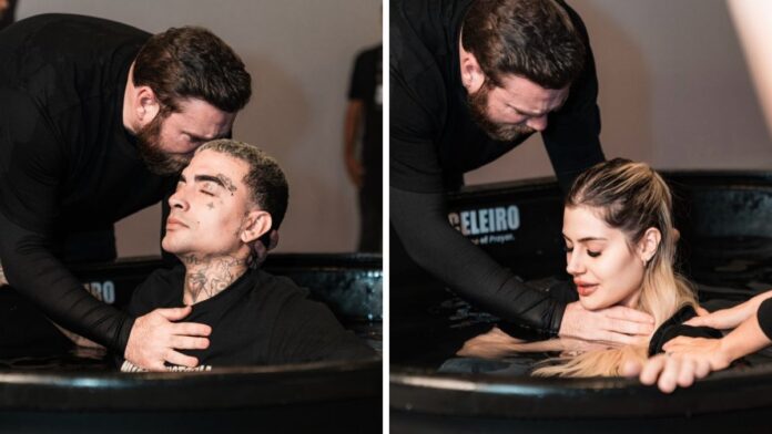 MC Guimê e noiva de SC se batizam após cantor anunciar mudança do funk para o gospel