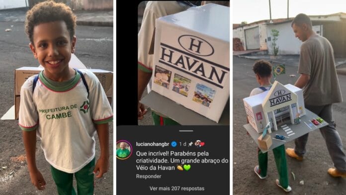 Menino de 9 anos cria mochila maluca da Havan para ir à escola e ganha elogio de Luciano Hang