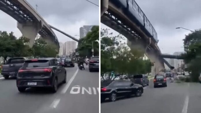 Vídeo flagra momento que trem atinge guindaste em trilho e estrutura despenca em avenida de SP