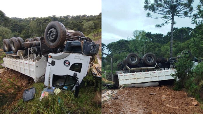 Passageiro morre após caminhão tombar e parar com rodas para o alto em estrada de chão em SC