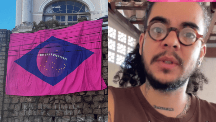 Bandeira rosa com frase de “fartura e dignidade” é retirada de museu pela PM em SC e artista chama ato de “censura”