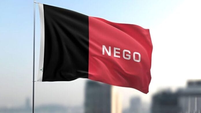 Bandeira do Estado da Paraíba, dividida em cores preta e vermelha com a palavra NEGO escrita em branco, hasteada e ondulando, representando a apuração geral das Eleições 2026