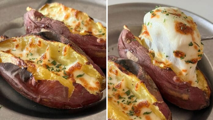 Feita no forno: batata doce recheada com queijos é perfeita para um jantar prático e delicioso
