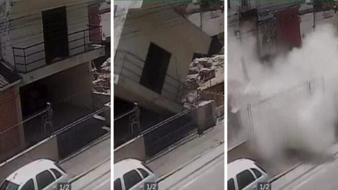 ASSISTA: Casa em Itapema desabou em menos de 4 segundos e câmera flagrou momento da queda