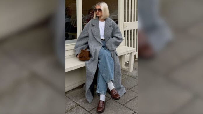mulher com casaco oversized
