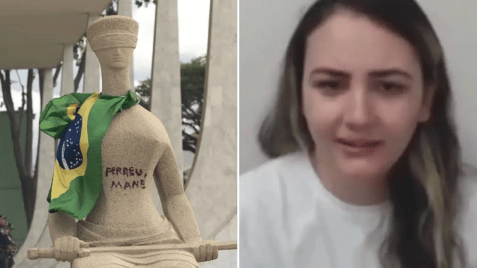 Débora (à direita) pichou estátua da Justiça com batom e foi condenada pelo STF (Foto: Joedson Alves, Agencia Brasil / Reprodução, STF)