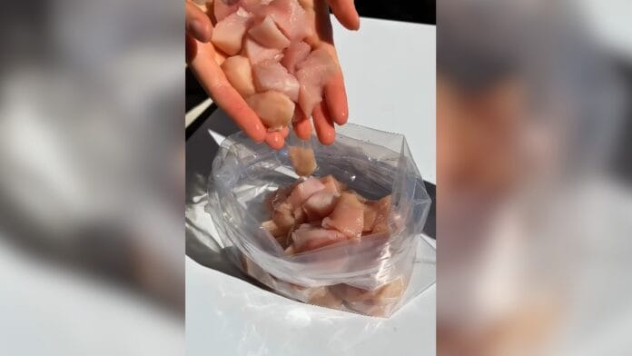 frango cortado em cubos sendo colocados dentro de um saco para a marinada