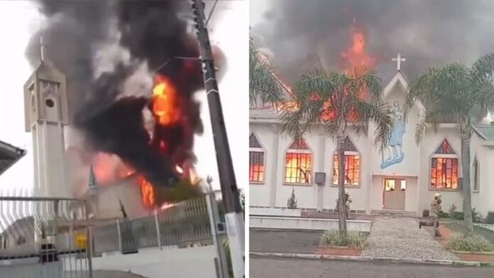 Fogo toma conta de igreja em SC e moradores correm para salvar imagens sacras; VÍDEO