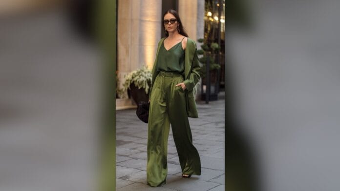mulher com blusa, calça e casaco verde