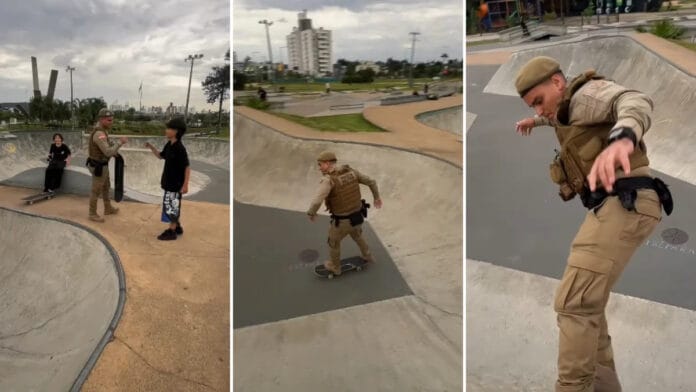 VÍDEO: Policial faz pausa no trabalho e arrisca manobras de skate com crianças em SC: “Craque demais”