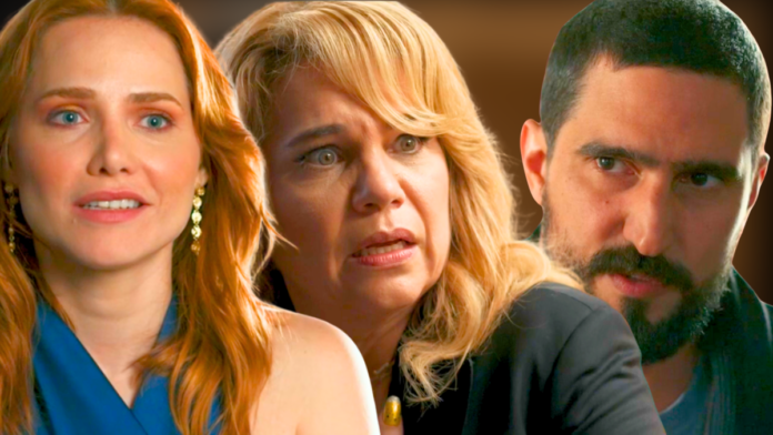 Adriana (Leticia Colin), Pilar (Isabel Teixeira) e Heitor (Renato Goes) em cena de Quem Ama Cuida, novela das nove da TV Globo