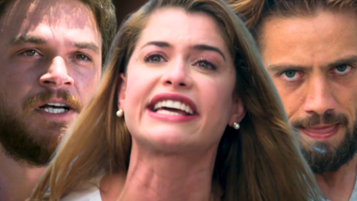 Pedro (Emilio Dantas), Lívia (Alinne Moraes) e Felipe (Rafael Cardoso) em cena de Além do Tempo, novela das 14h da TV Globo