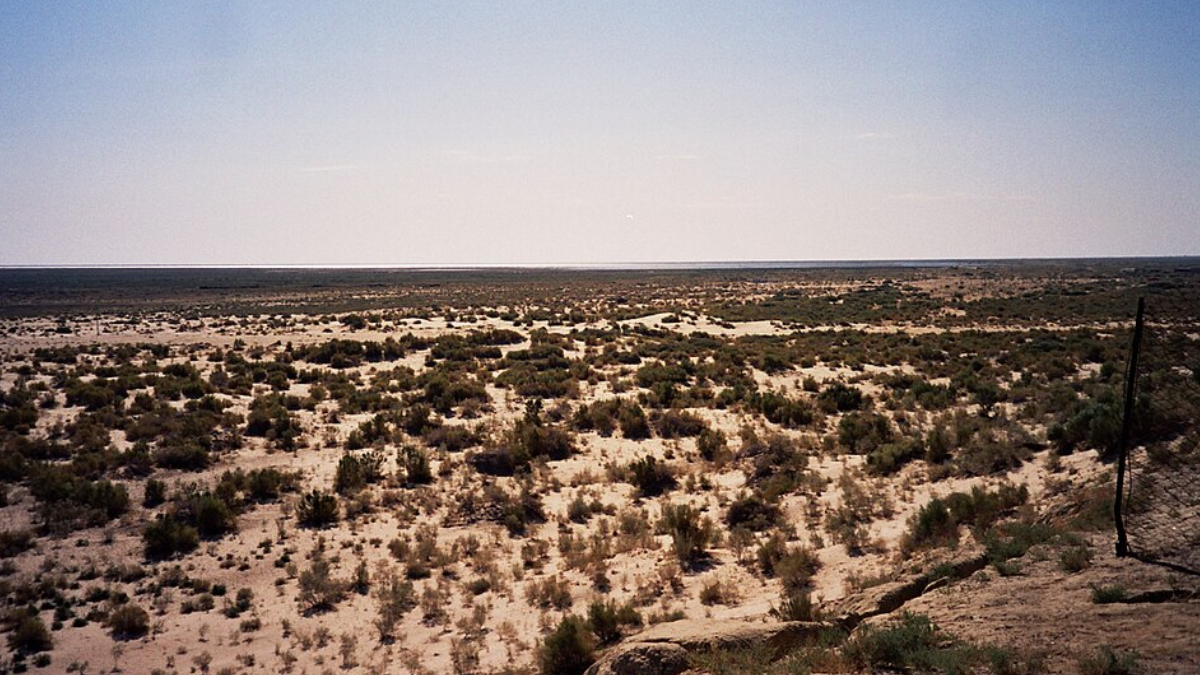 O antigo Mar de Aral deu lugar a uma paisagem árida após a redução drástica do volume de água (Foto: upyernoz/ Wikimedia Commons)