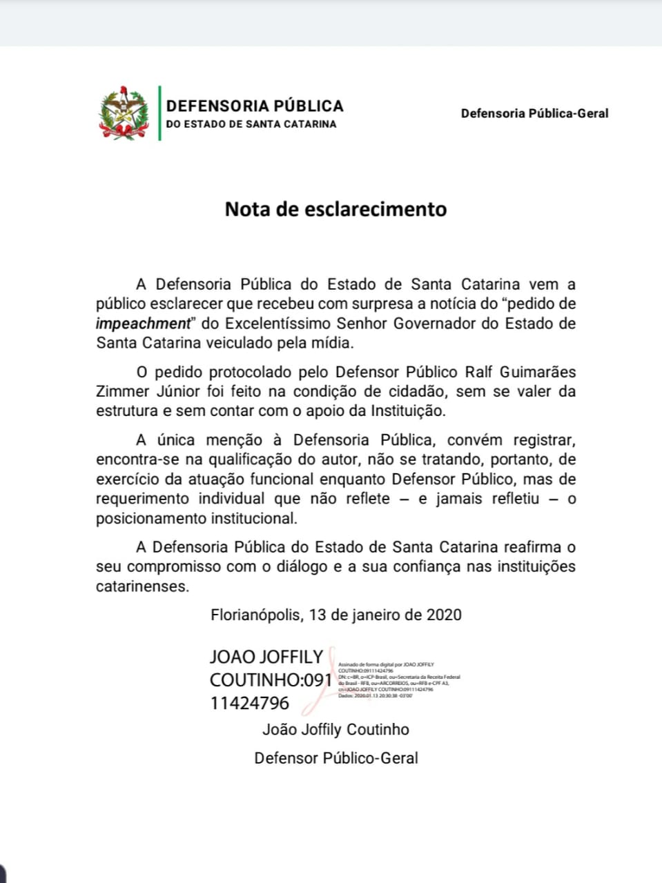 Deefensopria Pública não defende afastamento do governador