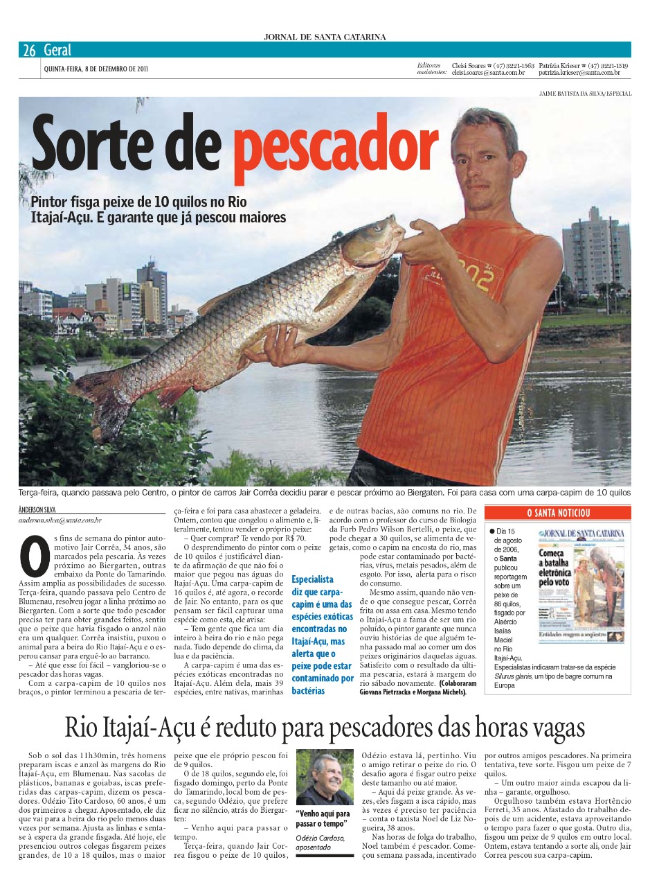 Carpas estão entre as espécies mais comuns no Itajaí-Açu e, em 2011, pescador capturou uma de 10 quilos 