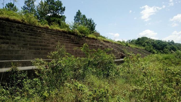 Imagem do estádio vista de onde seria o campo. Hoje o matagal toma conta do local, e o responsável diz que é preciso autorizaçao do Meio Ambiente para fazer os cortes. Imagem do estádio vista de onde seria o campo. Hoje o matagal toma conta do local, e o responsável diz que é preciso autorizaçao do Meio Ambiente para fazer os cortes.