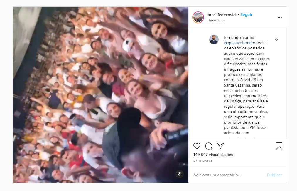 Página denuncia em rede social suposta aglomeração em show em Porto Belo na virada e procurador-geral de Justiça do MPSC responde a questionamento Página denuncia em rede social suposta aglomeração em show em Porto Belo na virada e procurador-geral de Justiça do MPSC responde a questionamento